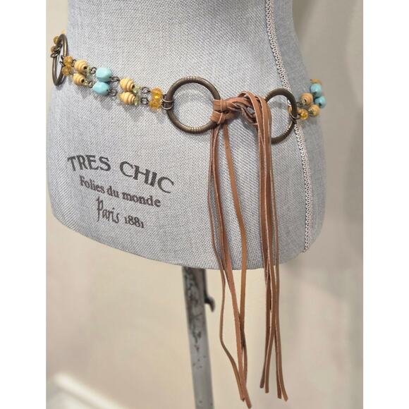 Boho Beaded Chain Belt Leather Fringe Turquoise Wood Beads Antique Gold Western main image 9